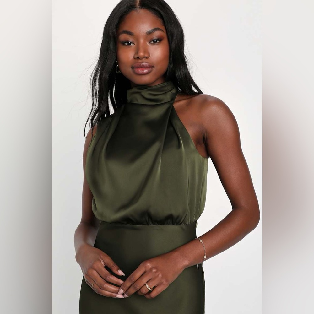 NWT Lulu's Distinctive Charm Olive Green Satin Asymmetrical Midi Dress - Picture 2 of 9